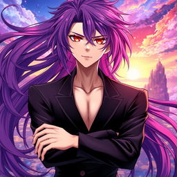 A captivating Genshin Impact-inspired light novel cover featuring a handsome male character with long, shaggy purple hair that flows around him