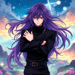 A captivating Genshin Impact-inspired light novel cover featuring a handsome male character with long, shaggy purple hair that flows around him