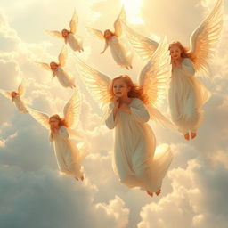 A breathtaking scene of angels flying gracefully through a breathtaking seraphic sky, with various angels of different ethereal characteristics