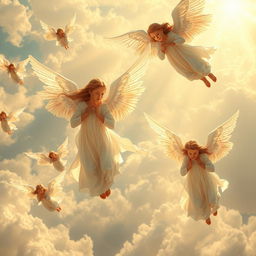 A breathtaking scene of angels flying gracefully through a breathtaking seraphic sky, with various angels of different ethereal characteristics