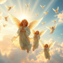 A breathtaking scene of angels flying gracefully through a breathtaking seraphic sky, with various angels of different ethereal characteristics