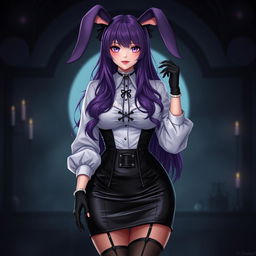 A sexy gothic anime bunny girl with long, flowing purple hair that gives her a unique and striking appearance