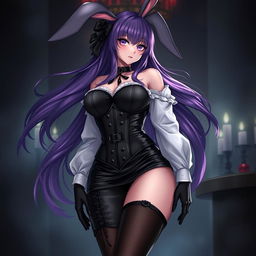 A sexy gothic anime bunny girl with long, flowing purple hair that gives her a unique and striking appearance