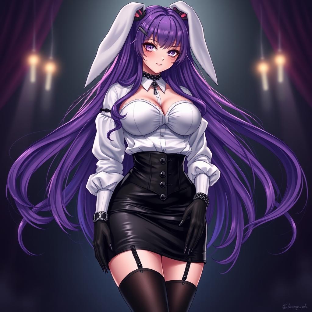 A sexy gothic anime bunny girl with long, flowing purple hair that gives her a unique and striking appearance