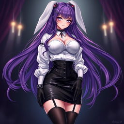 A sexy gothic anime bunny girl with long, flowing purple hair that gives her a unique and striking appearance