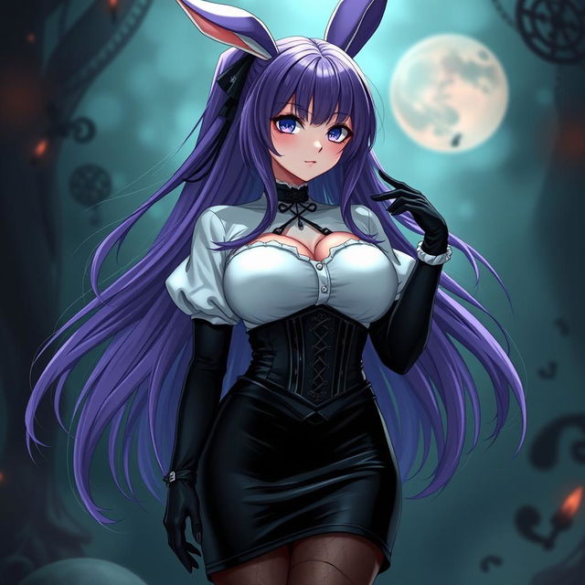 A sexy gothic anime bunny girl with long, flowing purple hair that gives her a unique and striking appearance