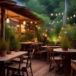 A cozy cafe restaurant situated in a 10 by 20 yard area, furnished with rustic wooden tables and chairs, featuring warm ambient lighting and an assortment of indoor plants.