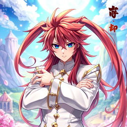 A light novel cover in the Genshin Impact art style featuring a male character with long, spiky red hair and striking blue eyes