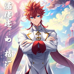 A light novel cover in the Genshin Impact art style featuring a male character with long, spiky red hair and striking blue eyes