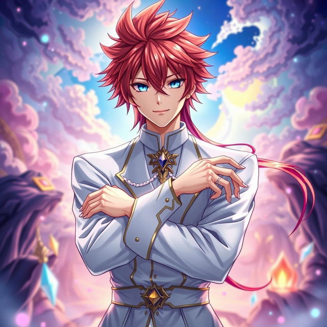 A light novel cover in the Genshin Impact art style featuring a male character with long, spiky red hair and striking blue eyes