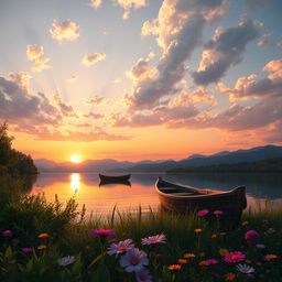 A stunning digital artwork of a serene lakeside landscape during sunset