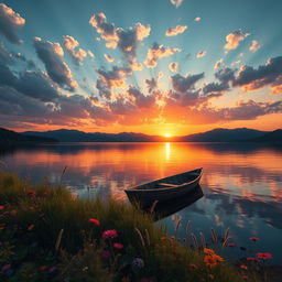 A stunning digital artwork of a serene lakeside landscape during sunset