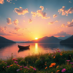 A stunning digital artwork of a serene lakeside landscape during sunset