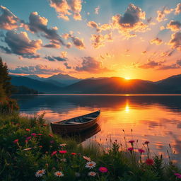 A stunning digital artwork of a serene lakeside landscape during sunset