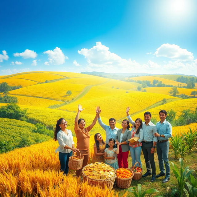 A vibrant and visually stunning representation of economic abundance, featuring a lush landscape with overflowing fields of crops, golden grains swaying in the breeze, and a clear blue sky above