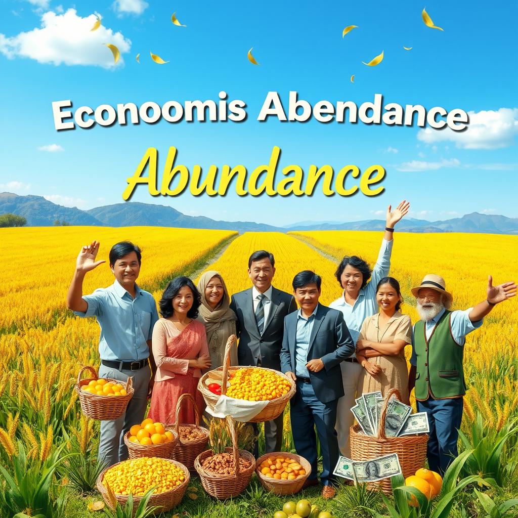 A vibrant and visually stunning representation of economic abundance, featuring a lush landscape with overflowing fields of crops, golden grains swaying in the breeze, and a clear blue sky above