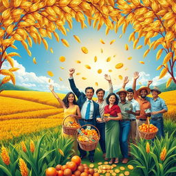 A vibrant and visually stunning representation of economic abundance, featuring a lush landscape with overflowing fields of crops, golden grains swaying in the breeze, and a clear blue sky above