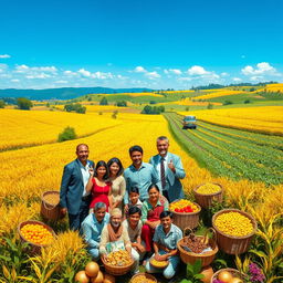 A vibrant and visually stunning representation of economic abundance, featuring a lush landscape with overflowing fields of crops, golden grains swaying in the breeze, and a clear blue sky above
