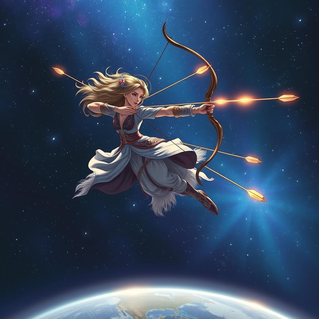 A stunning archer soaring through the sky, skillfully shooting arrows that resemble shooting stars