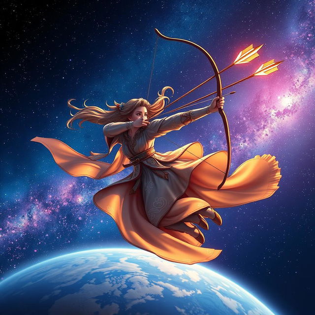 A stunning archer soaring through the sky, skillfully shooting arrows that resemble shooting stars