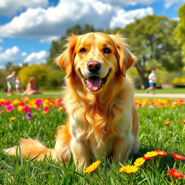 A friendly and playful Golden Retriever sitting in a sunny park, surrounded by vibrant green grass and colorful flowers