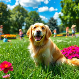A friendly and playful Golden Retriever sitting in a sunny park, surrounded by vibrant green grass and colorful flowers
