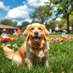 A friendly and playful Golden Retriever sitting in a sunny park, surrounded by vibrant green grass and colorful flowers