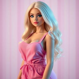 A sexy, sweet, and innocent 18-year-old blonde girl, resembling a Barbie doll, with a thin face and beautiful features