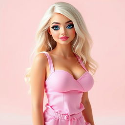 A sexy, sweet, and innocent 18-year-old blonde girl, resembling a Barbie doll, with a thin face and beautiful features