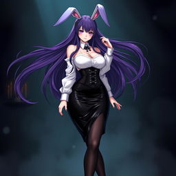 A sexy gothic anime bunny girl with long, flowing purple hair that adds a mesmerizing touch to her appearance
