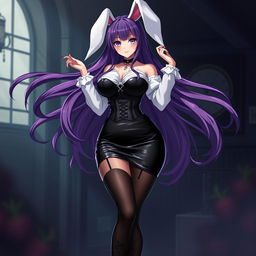 A sexy gothic anime bunny girl with long, flowing purple hair that adds a mesmerizing touch to her appearance