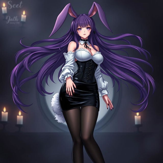 A sexy gothic anime bunny girl with long, flowing purple hair that adds a mesmerizing touch to her appearance