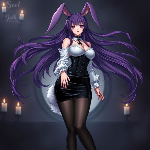 A sexy gothic anime bunny girl with long, flowing purple hair that adds a mesmerizing touch to her appearance