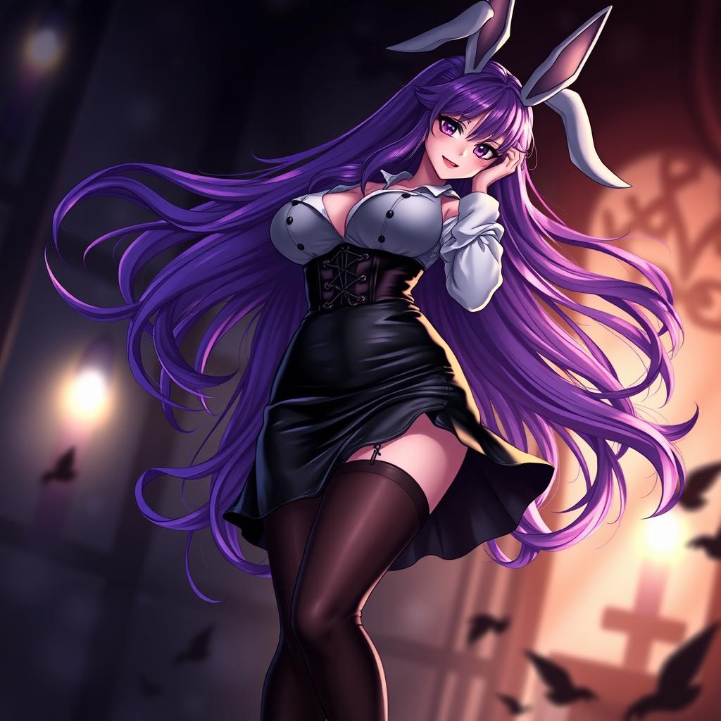 A sexy gothic anime bunny girl with long, flowing purple hair that adds a mesmerizing touch to her appearance