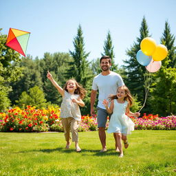 A warm, inviting scene depicting a happy family together in a beautiful park