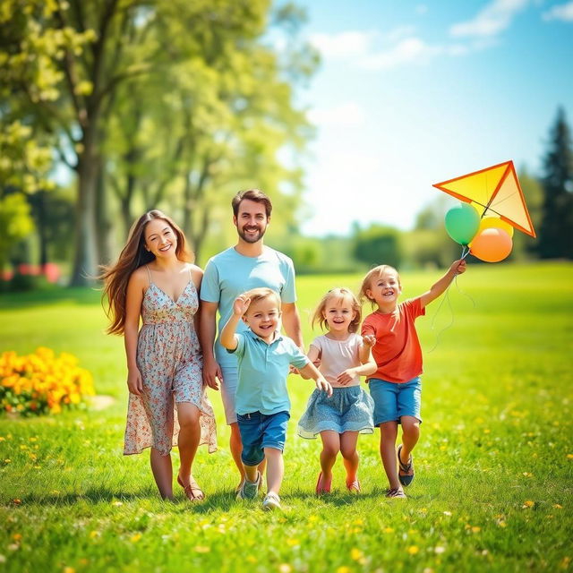 A warm, inviting scene depicting a happy family together in a beautiful park