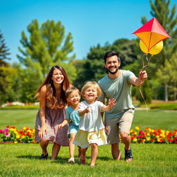 A warm, inviting scene depicting a happy family together in a beautiful park