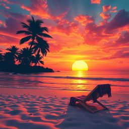 A vibrant and dynamic image featuring a stunning sunset over a tranquil beach