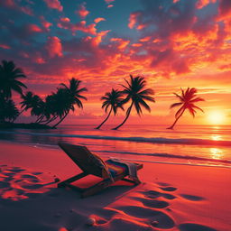 A vibrant and dynamic image featuring a stunning sunset over a tranquil beach