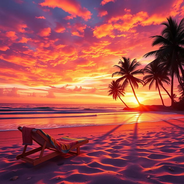 A vibrant and dynamic image featuring a stunning sunset over a tranquil beach