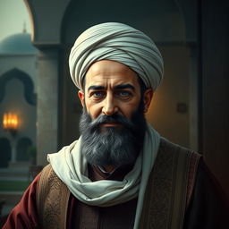 A portrait of Imam Hossein, depicted in a respectful and reverent manner, showcasing his noble features and traditional attire, surrounded by a serene and spiritual atmosphere