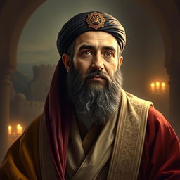 A portrait of Imam Hossein, depicted in a respectful and reverent manner, showcasing his noble features and traditional attire, surrounded by a serene and spiritual atmosphere