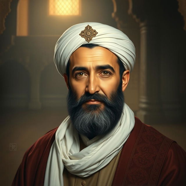 A portrait of Imam Hossein, depicted in a respectful and reverent manner, showcasing his noble features and traditional attire, surrounded by a serene and spiritual atmosphere