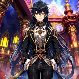 A captivating light novel cover in the art style of Genshin Impact, featuring a male character with long black hair and striking golden eyes