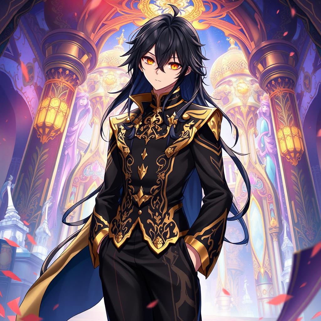 A captivating light novel cover in the art style of Genshin Impact, featuring a male character with long black hair and striking golden eyes