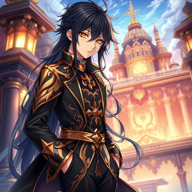 A captivating light novel cover in the art style of Genshin Impact, featuring a male character with long black hair and striking golden eyes