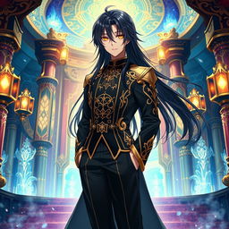A captivating light novel cover in the art style of Genshin Impact, featuring a male character with long black hair and striking golden eyes