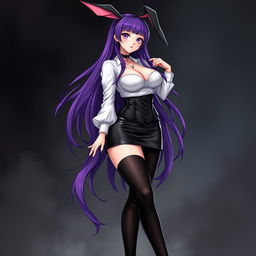 A sexy gothic anime bunny girl with long, vibrant purple hair cascading down her back, emphasizing her striking features