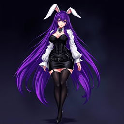 A sexy gothic anime bunny girl with long, vibrant purple hair cascading down her back, emphasizing her striking features