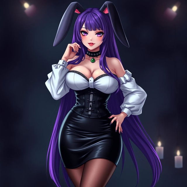 A sexy gothic anime bunny girl with long, vibrant purple hair cascading down her back, emphasizing her striking features